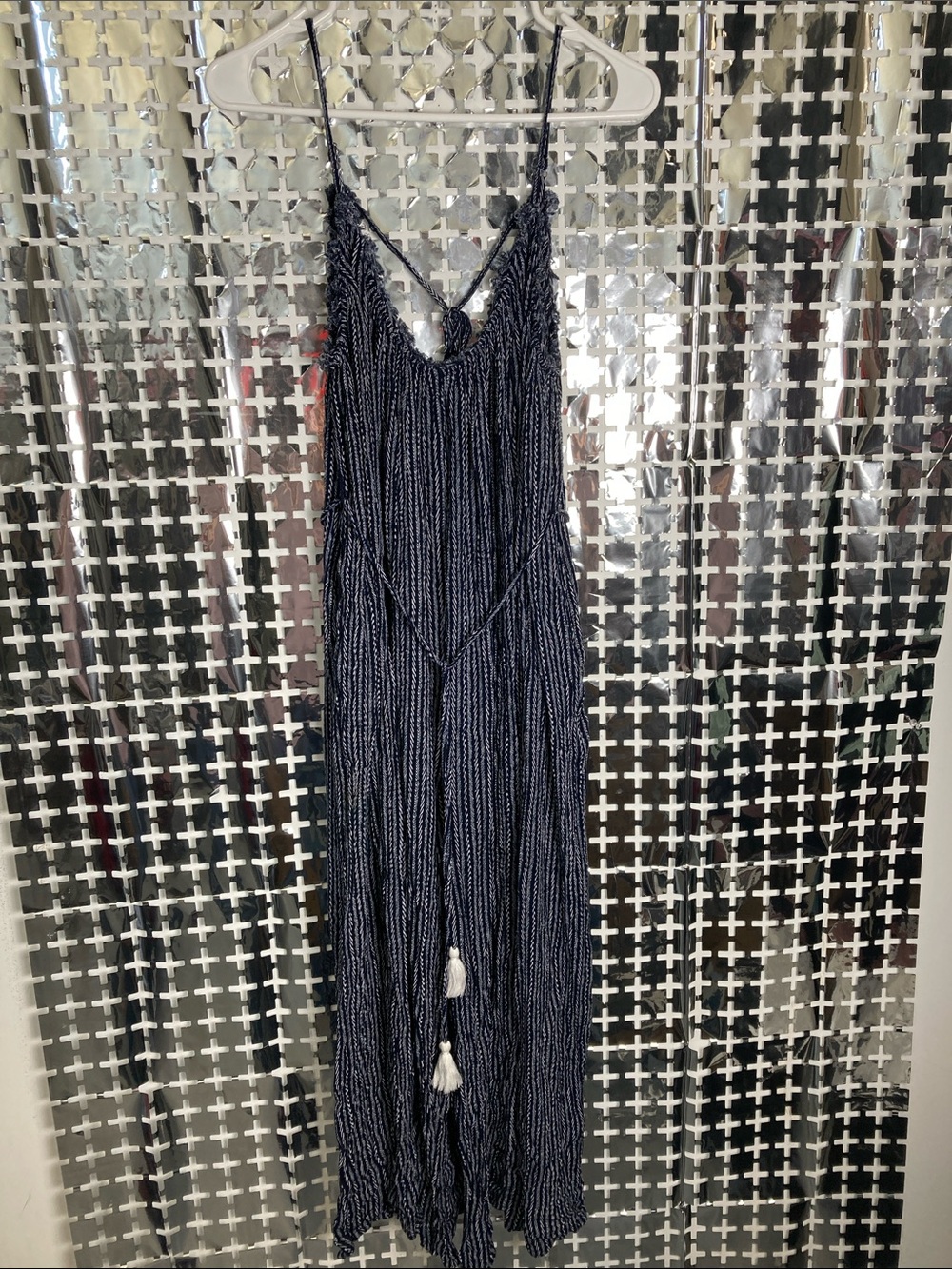 Aakaa Navy Striped Spaghetti-Strap Jumpsuit with Tassel Tie
